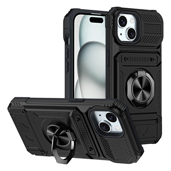 Designed for iPhone 14 Card Holder Case with 360°Rotatable Ring Holder Kickstand,2-Layer Heavy Duty Shockproof Rugged Hybrid Hard PC Soft Rubber Case For iPhone 14, Black