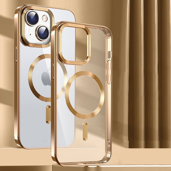 Designed for iPhone 14 Case Clear Magnetic Compatible with MagSafe, Thin Slim Transparent Non Yellowing, Hybrid Soft Silicone Bumper & Hard Plastic Protective Plating Phone Cover, Gold