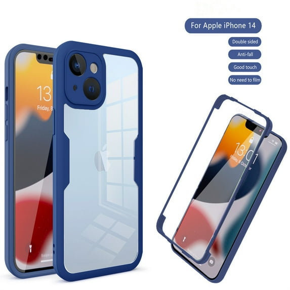 Designed for iPhone 14 Case Full-Body Bumper Case Cover Built in Screen Protector Shockproof Transparent Back 360 Full Body Protective Case for iPhone 14, Blue