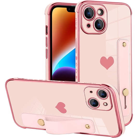 Designed for iPhone 14 Case Pink Love Hearts Design for Women Girl Men, Luxury Plating with Strap Stand Full Camera Lens Protection Bumper for iPhone 14 6.1"