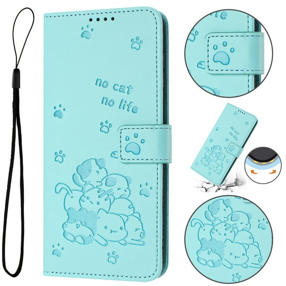 Designed for iPhone 14 Case Wallet,Flip Folio Cover with Cute Cat Embossed PU Leather Stand [RFID Blocking] Credit Card Holders Slots Wrist Strap Full Body Phone Case,Green