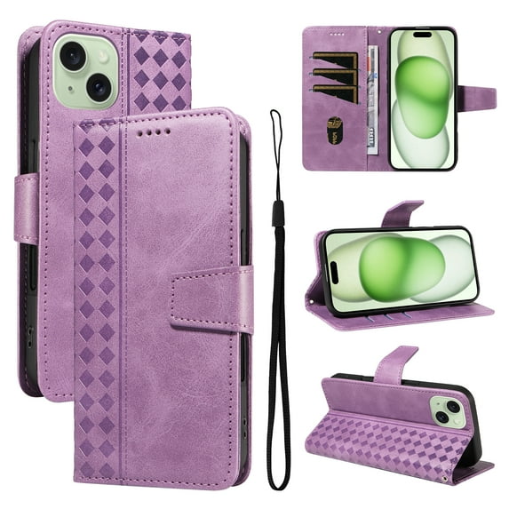 Designed for iPhone 14 Case Wallet, Men Women Flip Folio Cover with PU Leather Stand Credit Card Holders Slots Wrist Strap Magnetic Phone Case Compatible with iPhone 14, Purple