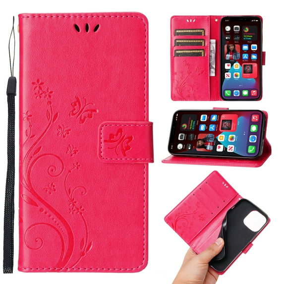 Designed for iPhone 14 Case, Wrist Strap Flip Kickstand PU Leather Wallet Case Cash Card Slots Holder, Protective Shockproof Pattern Women Cover for iPhone 14, Rose