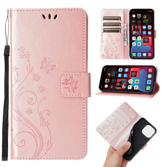Designed for iPhone 14 Case, Wrist Strap Flip Kickstand PU Leather Wallet Case Cash Card Slots Holder, Protective Shockproof Pattern Women Cover for iPhone 14, Rosegold