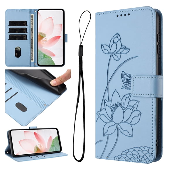 Designed for iPhone 14 Floral Embossed Flip Wallet Case PU Leather with Card Slots + Cash Slot, Fashion Shock-Absorbent Kickstand Wrist Strap Protective Women Girls Phone Cover, Blue