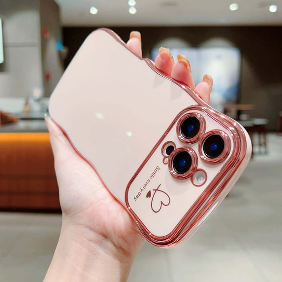 Designed For iPhone 14 Phone Case,Cute Curly Wave Frame with Luxury Plating Love Heart Pattern For Women Girls,Soft TPU Shockproof Raised Lens Protection Phone Case,Pink
