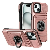 Designed for iPhone 14 Plus Card Holder Case with 360°Rotatable Ring Holder Kickstand,2-Layer Heavy Duty Shockproof Rugged Hybrid Hard PC Soft Rubber Case For iPhone 14 Plus, Rosegold