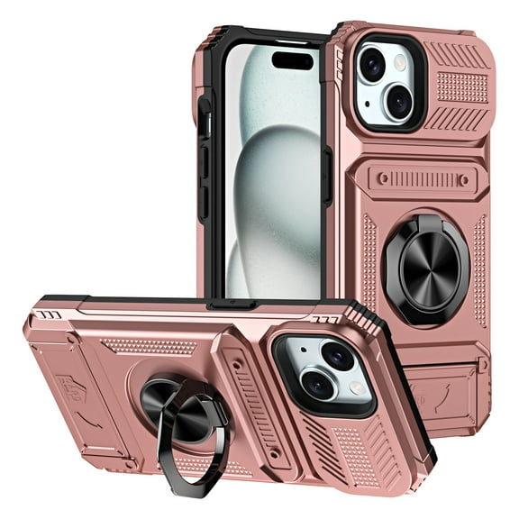 Designed for iPhone 14 Plus Card Holder Case with 360°Rotatable Ring Holder Kickstand,2-Layer Heavy Duty Shockproof Rugged Hybrid Hard PC Soft Rubber Case For iPhone 14 Plus, Rosegold