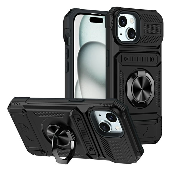 Designed for iPhone 14 Plus Card Holder Case with 360°Rotatable Ring Holder Kickstand,2-Layer Heavy Duty Shockproof Rugged Hybrid Hard PC Soft Rubber Case For iPhone 14 Plus, Black