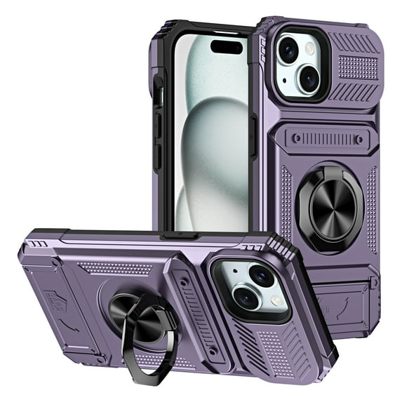 Designed for iPhone 14 Plus Card Holder Case with 360°Rotatable Ring Holder Kickstand,2-Layer Heavy Duty Shockproof Rugged Hybrid Hard PC Soft Rubber Case For iPhone 14 Plus, Violet