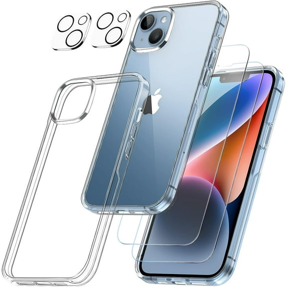 Designed for iPhone 14 Plus Case Clear, with 2 x Screen Protector and Camera Lens Protector [Not Yellowing] Protective Case for iPhone 14 Plus 6.7 inch-Clear