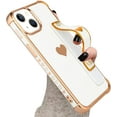 thumbnail image 1 of Designed for iPhone 14 Plus Case with Strap Luxury Love Heart Plating Gold Bumper Phone Cover Wristband Kickstand [Reinforced Corners] Shockproof Anti-Scratch Slim Case for Women-White, 1 of 10