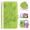 thumbnail image 1 of Designed for iPhone 14 Plus Case Wallet, Women Flip Folio Cover with Embossed PU Leather Stand Credit Card Holders Slots Wrist Strap + Shoulder Strap Phone Case, RFID Blocking, Green, 1 of 12