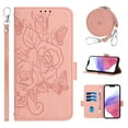 thumbnail image 1 of Designed for iPhone 14 Plus Case Wallet, Women Flip Folio Cover with Embossed PU Leather Stand Credit Card Holders Slots Wrist Strap + Shoulder Strap Phone Case, RFID Blocking, Pink, 1 of 12