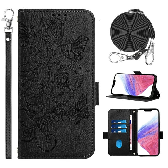 Designed for iPhone 14 Plus Case Wallet, Women Flip Folio Cover with Embossed PU Leather Stand Credit Card Holders Slots Wrist Strap + Shoulder Strap Phone Case, RFID Blocking, Black