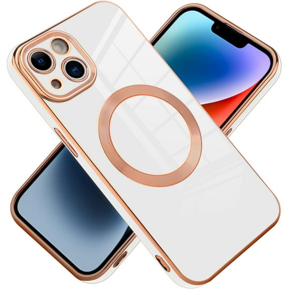 Designed for iPhone 14 Plus Case for Women & Girls [Compatible with MagSafe] Luxury Plating Gold Bumper Phone Cover Full Camera Protection Cover for iPhone 14 Plus 6.7 Inch-White