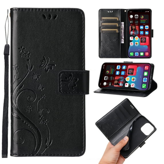 Designed for iPhone 14 Plus Case, Wrist Strap Flip Kickstand PU Leather Wallet Case Cash Card Slots Holder, Protective Shockproof Pattern Women Cover for iPhone 14 Plus, Black