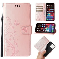 Designed for iPhone 14 Plus Case, Wrist Strap Flip Kickstand PU Leather Wallet Case Cash Card Slots Holder, Protective Shockproof Pattern Women Cover for iPhone 14 Plus, Rosegold