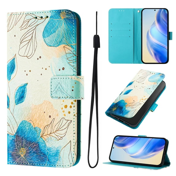 Designed for iPhone 14 Plus Premium PU Leather Pattern Flip Wallet Case Cover, Card Slots & Kickstand Wrist Strap Magnetic Closure Protective Phone Case for iPhone 14 Plus, Blue Flower
