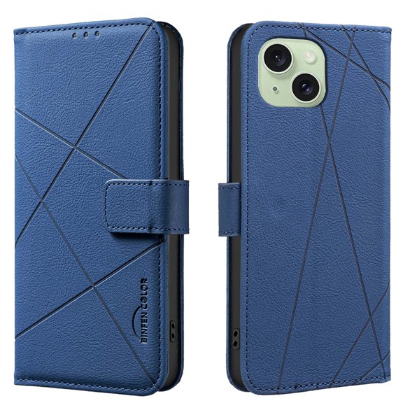 Designed for iPhone 14 Plus Wallet Phone Case,Premium Line Embossing PU Leather Magnetic Flip Folio Case with RFID Blocking Credit Card Slots,With Kickstand,Shockproof Phone Case,Blue