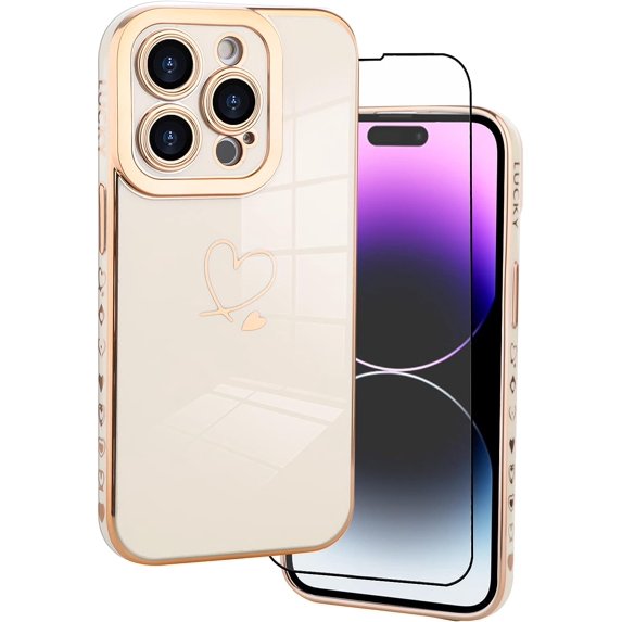 Designed for iPhone 14 Pro Case Cute Love Hearts Design for Women Girls,Luxury Plating Edge Bumper Full Camera Lens Protection Cover with Screen Protector for iPhone 14 Pro 6.1"-White