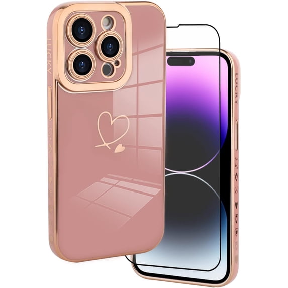 Designed for iPhone 14 Pro Case Cute Love Hearts Design for Women Girls,Luxury Plating Edge Bumper Full Camera Lens Protection Cover with Screen Protector for iPhone 14 Pro 6.1"-Pink