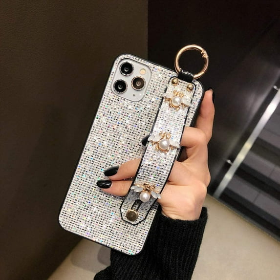 Designed for iPhone 14 Pro Case Glitter Bling Stand Holder Luxury Hand Strap Sparkle Pearl Bee Wrist Bracket for Woman Girls Protective Phone Cover Case for iPhone 14 Pro 6.1", Silver