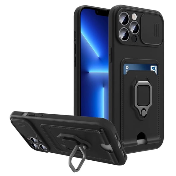 Designed for iPhone 14 Pro Case with Sliding Camera Cover and Card Holder Protective iPhone 14 Pro Case with Ring Magnetic Kickstand Phone Case for iPhone 14 Pro 6.1 inch