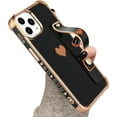 thumbnail image 1 of Designed for iPhone 14 Pro Case with Strap Luxury Love Heart Plating Gold Bumper Phone Cover Wristband Kickstand [Reinforced Corners] Shockproof Anti-Scratch Slim Case for Women-Black, 1 of 9