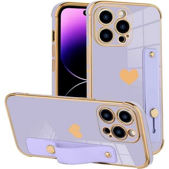 Designed for iPhone 14 Pro Case with Strap Stand Love Hearts Design for Women Girl, Plating with Wristband Kickstand Camera Lens Protection Bumper for iPhone 14 Pro 6.1"-Purple