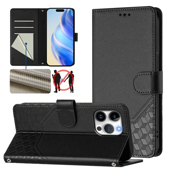 Designed for iPhone 14 Pro Flip Phone Case,With Card Slots,PU Leather Flip Folding Kickstand,With Shoulder Strap and Wrist Strap,Honeycomb Pattern Design,Shockproof Wallet Case,Black