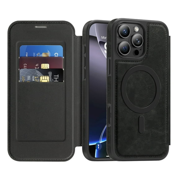 Designed for iPhone 14 Pro Magnetic Flip Phone Case,With RFID Blocking Card Slots,Compatible with Mag-Safe,PU Leather Shockproof Anti-fall Flip Folio Ultra Slim Wallet Phone Case,Black