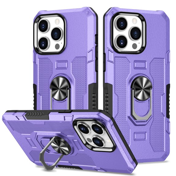Designed for iPhone 14 Pro Max, 2 in 1 [Military Grade Shockproof Case] [360° Ring Reinforced Metal Kickstand][Support Magnetic Car Holder] Drop Protective Phone Case for iPhone 14 Pro Max,Purple