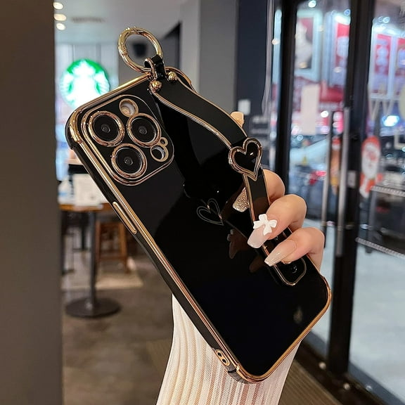 Designed for iPhone 14 Pro Max 6.7 inch Case,Luxury Plating Edge Love Hearts Pattern with Wristband Kickstand Camera Lens Protection,Soft Shockproof Cover for Girls Women,Black
