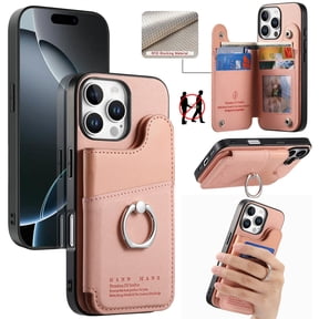 Designed for iPhone 14 Pro Max Back Wallet Case with Card Holder Slots, [Rotatable Ring Holder Stand & Secure Grip Ring] [RFID Blocking PU Leather Protection] Shockproof Protective Cover, Pink