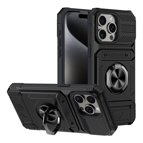 Designed for iPhone 14 Pro Max Card Holder Case with 360°Rotatable Ring Holder Kickstand,2-Layer Heavy Duty Shockproof Rugged Hybrid Hard PC Soft Rubber Case For iPhone 14 Pro Max, Black