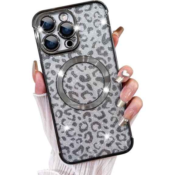 Designed for iPhone 14 Pro Max Case,Compatible with MagSafe Cheetah Print Plating Camera Protection Clear Phone Case, Magnetic Glitter Leopard Print for Women Girls Phone Case 6.7"-Black