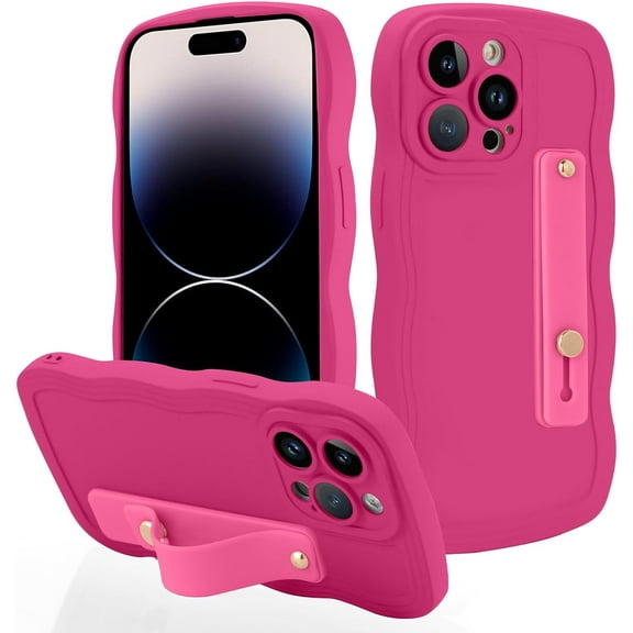 Designed for iPhone 14 Pro Max Case with Phone Stand Holder Cute Curly Wave Shape Pattern Slim Protective Camera Protection Cover with Wrist Strap for Women Girls 6.7"-Hot Pink