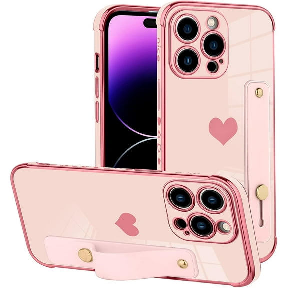 Designed for iPhone 14 Pro Max Case Pink Love Hearts Design for Women Girl Men, Luxury Plating with Strap Stand Full Camera Lens Protection Bumper for iPhone 14 Pro Max 6.7"