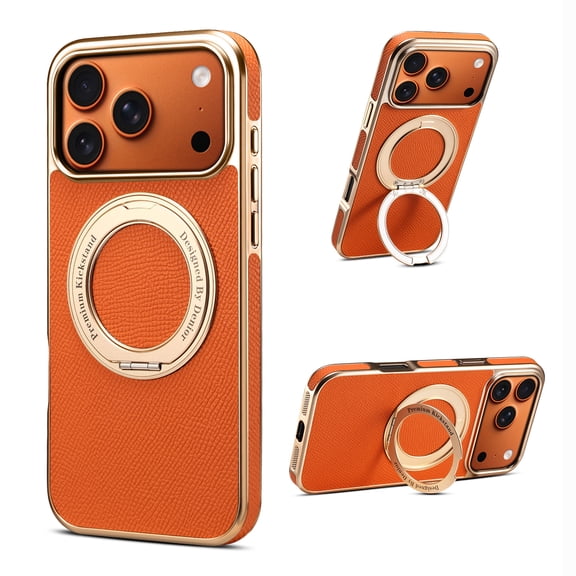 Designed for iPhone 14 Pro Max Case with Ring Holder Stand, PU Leather Hybrid PC + Metal Phone Case Support Magnetic Car Mount, Military Grade Protection with Ring Grip for iPhone 14 Pro Max, Orange