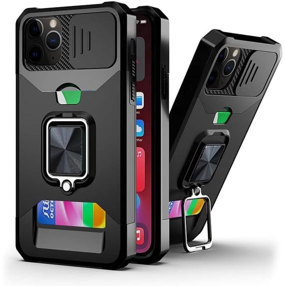 Designed for iPhone 14 Pro Max Case with Slide Camera Cover and Slim Credit Card Ring Holder Stand Card Holder Slot Dual Layer Hybrid TPU Bumper Protective with Magnetic Car Mount Holder Black