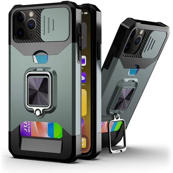 Designed for iPhone 14 Pro Max Case with Slide Camera Cover and Slim Credit Card Ring Holder Stand Card Holder Slot Dual Layer Hybrid TPU Bumper Protective with Magnetic Car Mount Holder Green