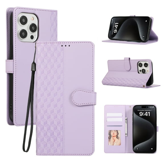 Designed for iPhone 14 Pro Max Case Wallet,Flip Folio Cover with Embossed PU Leather+Soft Inner Case Stand RFID Blocking Credit Card Holders Slots with Wrist Strap Shockproof Phone Case,Purple