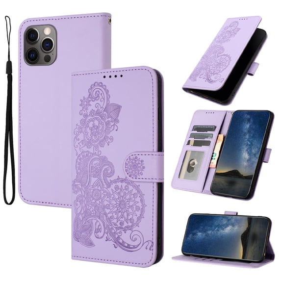 Designed for iPhone 14 Pro Max Case Wallet, Women Flip Folio Cover with Floral Embossed PU Leather Stand Credit Card Holders Slots Wrist Strap Purse Phone Case for iPhone 14 Pro Max, Purple
