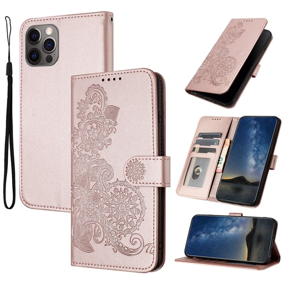 Designed for iPhone 14 Pro Max Case Wallet, Women Flip Folio Cover with Floral Embossed PU Leather Stand Credit Card Holders Slots Wrist Strap Purse Phone Case for iPhone 14 Pro Max, Rosegold