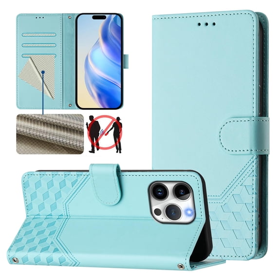 Designed for iPhone 14 Pro Max Flip Phone Case,With Card Slots,PU Leather Flip Folding Kickstand,With Shoulder Strap and Wrist Strap,Honeycomb Pattern Design,Shockproof Wallet Case,Mint