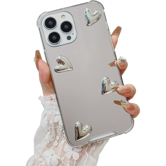 Designed for iPhone 14 Pro Max Mirror Case Cute 3D Love Hearts Design for Women Girl,Luxury Protective Plating Pattern Bumper Cover Case for iPhone 14 Pro Max 6.7 inch-Silver