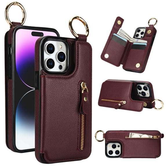 Designed for iPhone 14 Pro Max PU Leather Back Case, Vintage Kickstand Card Slots Finger Ring Zipper Drop Protective Business Phone Cover Compatible with iPhone 14 Pro Max - Jujubered