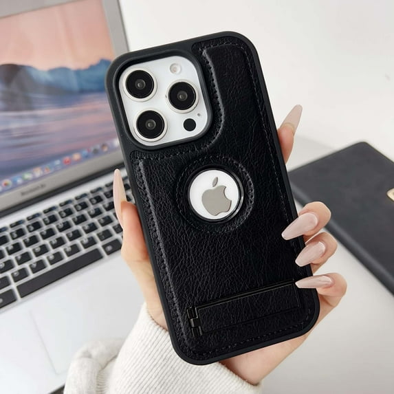 Designed For iPhone 14 Pro PU Leather Phone Case,With Logo View,Invisible Kickstand,Military-Grade Shockproof Slim Fit Sturdy Anti-Scratch Heavy Duty Rugged Phone Case Cover,Black