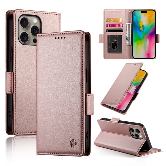 Designed for iPhone 14 Pro Wallet Case, with Card Slots Strong Magnetic Closure PU Leather Flip Fold Shockproof Kickstand Durable Purse Flip Case for iPhone 14 Pro - Rosegold